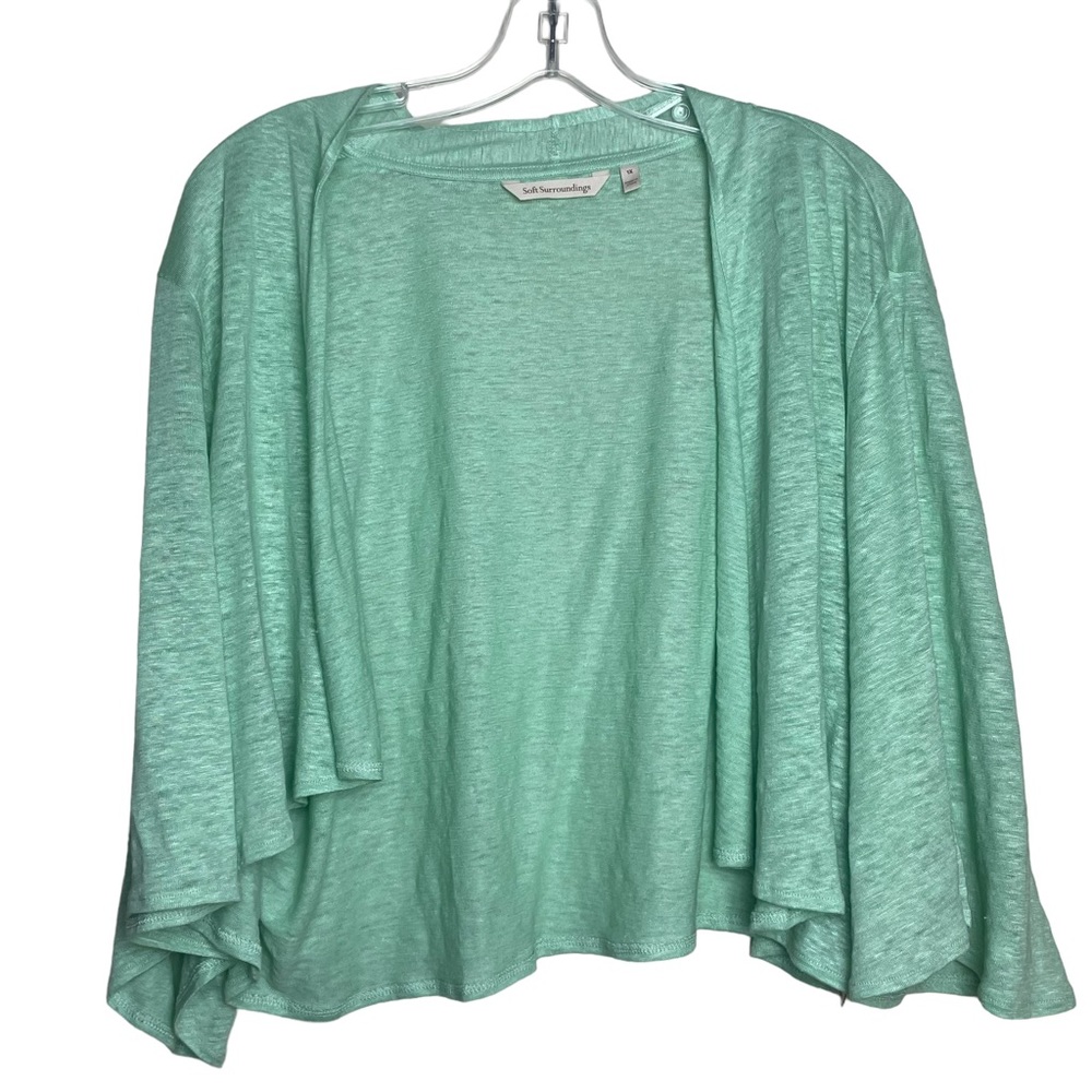 Soft Surroundings 100 % Linen Mint Green Waterfall Bell Sleeve Cardigan Sz 1X